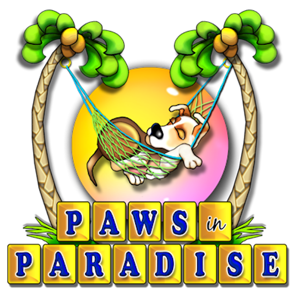 A relaxed cat lounging in a hammock with palm trees and a sunset heart background.