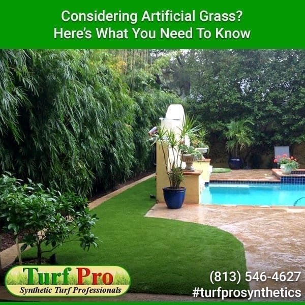 Artificial grass installed around a pool area with lush greenery and clear blue water.