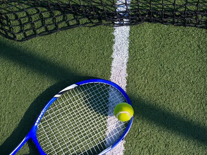 A tennis racket and ball on a court near the net and baseline.