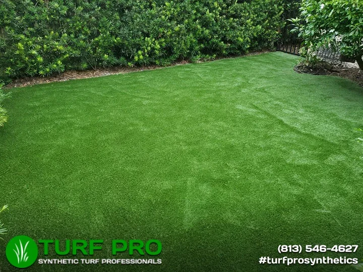 A lush, perfectly manicured green lawn with dense hedges in the background.