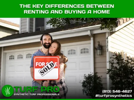 The Key Differences Between Renting And Buying A Home Couple holding a sold sign in front of their new home.