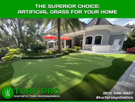 The Superior Choice: Artificial Grass For Your Home Artificial grass installed in a spacious backyard with patio furniture and a pool.