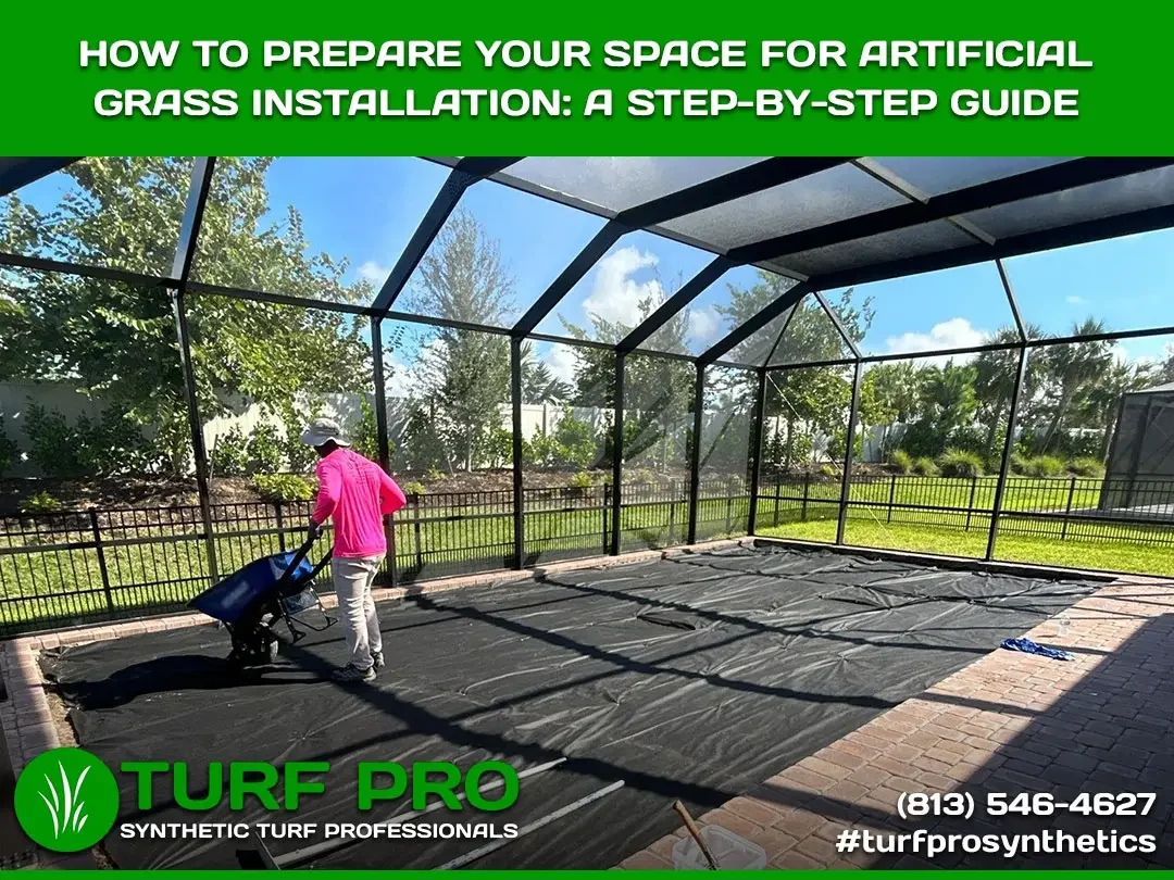 Man preparing ground for artificial grass installation in a screened backyard.