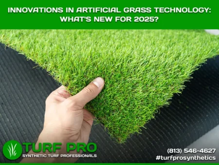 Innovations In Artificial Grass Technology: What's New For 2025? Hand holding a piece of artificial grass with text about 2025 grass technology innovations.