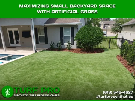 Maximizing Small Backyard Space With Artificial Grass A backyard transformed with lush artificial grass for a neat, green look.